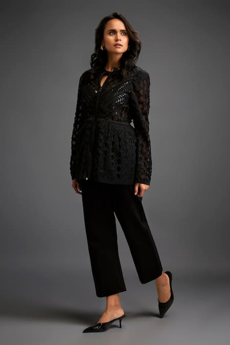 Deepika Arora Geometric Cutwork Peplum Jacket With Pant 