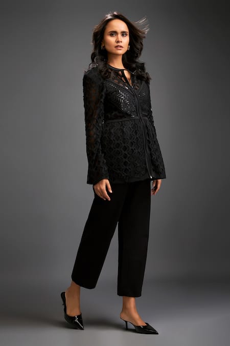 Deepika Arora Black Ponte Roma Cutwork Mandarin Collar Geometric Peplum Jacket With Pant Online at Aza Fashions Deepika Arora_Black Ponte Roma Cutwork Mandarin Collar Geometric Peplum Jacket With Pant _Online_at_Aza_Fashions