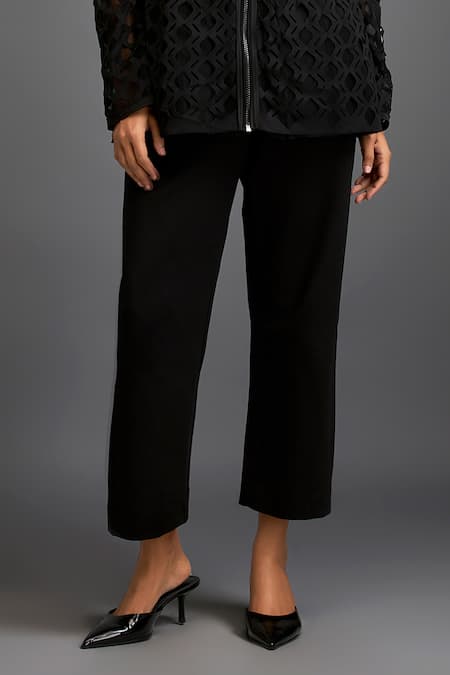 Shop Deepika Arora Black Ponte Roma Cutwork Mandarin Collar Geometric Peplum Jacket With Pant Online at Aza Fashions Shop_Deepika Arora_Black Ponte Roma Cutwork Mandarin Collar Geometric Peplum Jacket With Pant _Online_at_Aza_Fashions