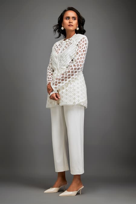 Buy_Deepika Arora_White Polyester Round Neck Geometric Cutwork Jacket And Pant Set _Online_at_Aza_Fashions