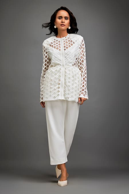 Deepika Arora Geometric Cutwork Jacket & Pant Set 