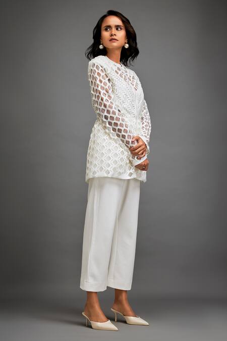 Shop_Deepika Arora_White Polyester Round Neck Geometric Cutwork Jacket And Pant Set _Online_at_Aza_Fashions