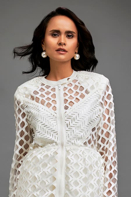Deepika Arora_White Polyester Round Neck Geometric Cutwork Jacket And Pant Set _at_Aza_Fashions