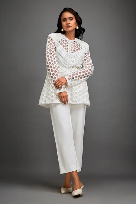 Shop_Deepika Arora_White Polyester Round Neck Geometric Cutwork Jacket _at_Aza_Fashions