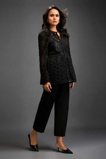 Deepika Arora_Black Ponte Roma Round Geometric Cutwork Front Zipper Jacket _Online_at_Aza_Fashions