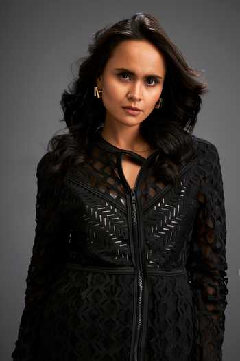 Buy_Deepika Arora_Black Ponte Roma Round Geometric Cutwork Front Zipper Jacket _Online_at_Aza_Fashions