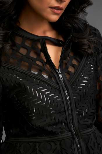 Shop_Deepika Arora_Black Ponte Roma Round Geometric Cutwork Front Zipper Jacket _Online_at_Aza_Fashions