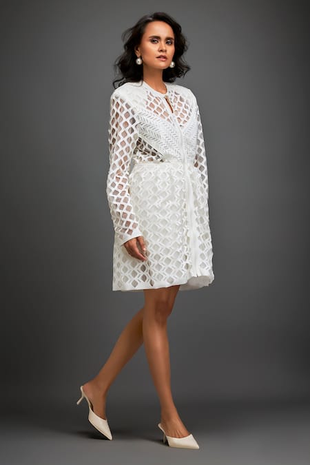 Deepika Arora_White Polyester Collared Geometric Cutwork Short Dress _Online_at_Aza_Fashions