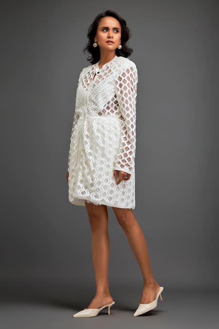 Buy_Deepika Arora_White Polyester Collared Geometric Cutwork Short Dress _Online_at_Aza_Fashions