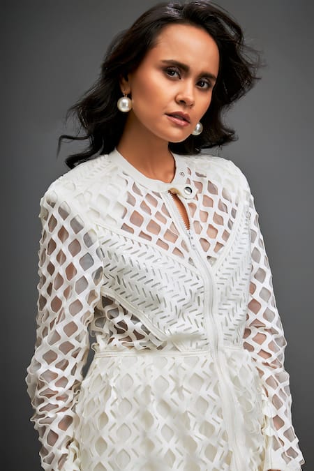 Shop_Deepika Arora_White Polyester Collared Geometric Cutwork Short Dress _Online_at_Aza_Fashions