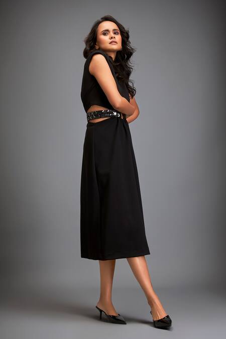 Buy_Deepika Arora_Black Poplin Buckles Round Neck Belted Cutout Midi Dress _Online_at_Aza_Fashions