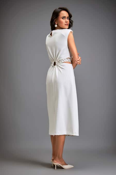 Buy White Ponte Roma Round Belted Cutout Waistline Midi Dress For