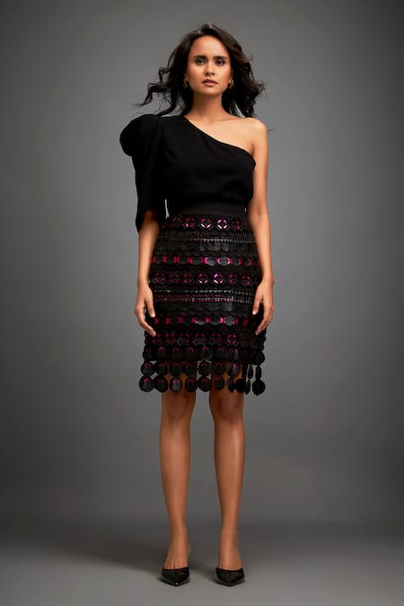Deepika Arora Black Crepe Cut Work Asymmetric One-shoulder Top And Geometric Applique Skirt Set Online at Aza Fashions Deepika Arora_Black Crepe Cut Work Asymmetric One-shoulder Top And Geometric Applique Skirt Set _Online_at_Aza_Fashions