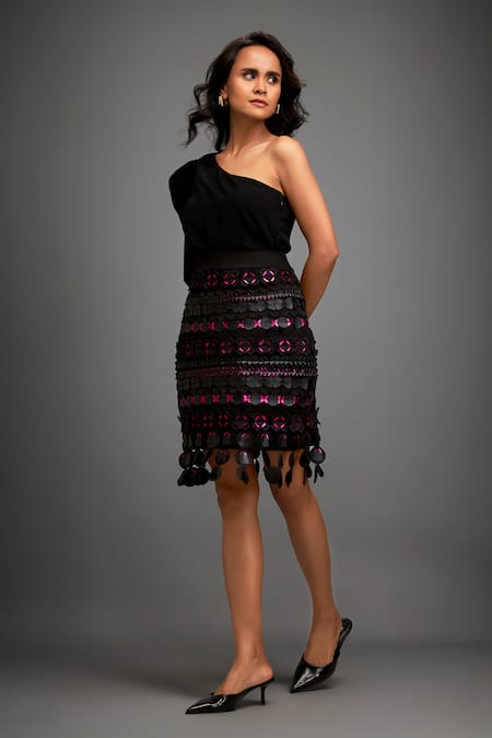 Buy Deepika Arora Black Crepe Cut Work Asymmetric One-shoulder Top And Geometric Applique Skirt Set Online at Aza Fashions Buy_Deepika Arora_Black Crepe Cut Work Asymmetric One-shoulder Top And Geometric Applique Skirt Set _Online_at_Aza_Fashions