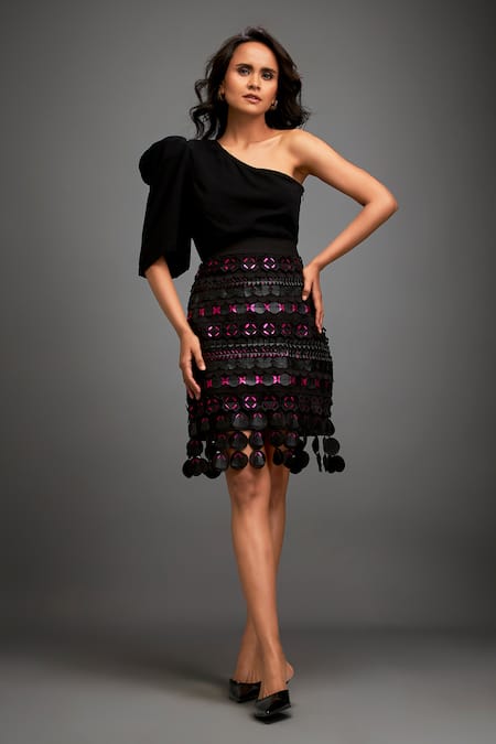 Deepika Arora One-Shoulder Top & Geometric Applique Skirt Set 