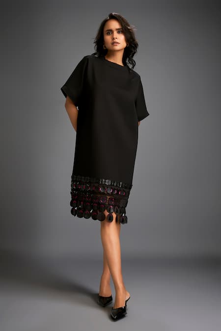 Buy_Deepika Arora_Black Polyester Cut Work Round Neck Geometric Applique Midi Dress With Belt _Online_at_Aza_Fashions