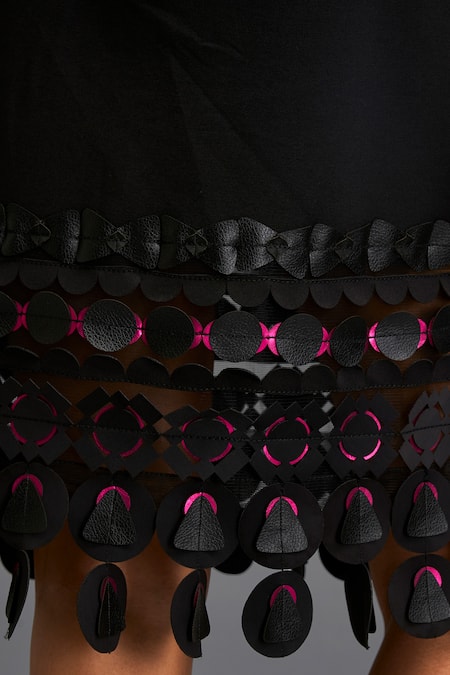 Shop_Deepika Arora_Black Polyester Cut Work Round Neck Geometric Applique Midi Dress With Belt _Online_at_Aza_Fashions