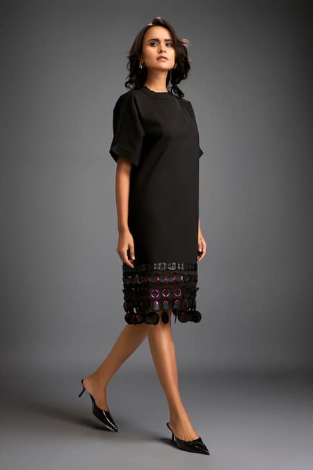 Deepika Arora_Black Polyester Cut Work Round Neck Geometric Applique Midi Dress With Belt _at_Aza_Fashions