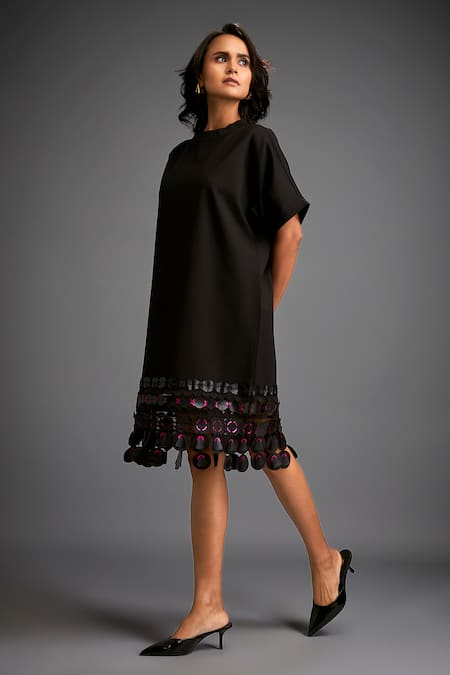 Buy_Deepika Arora_Black Polyester Cut Work Round Neck Geometric Applique Midi Dress With Belt 