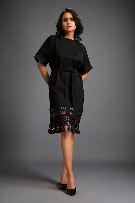 Deepika Arora Black Polyester Cut Work Round Neck Geometric Applique Midi Dress With Belt