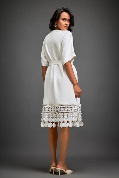 Buy White Ponte Roma Geometric Round Cutwork Applique Hem Midi