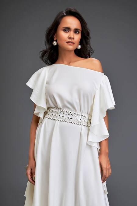 Buy_Deepika Arora_White Georgette Ruffles Asymmetric One-shoulder Dress With Belt _Online_at_Aza_Fashions