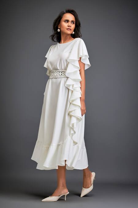 Deepika Arora_White Georgette Ruffles Asymmetric One-shoulder Dress With Belt _at_Aza_Fashions