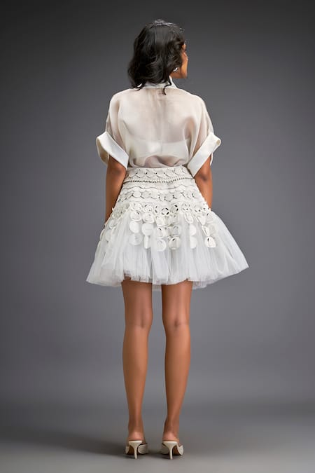 Shop Deepika Arora White Net Metallic Thread High Neck Sheer Top And 3d Embellished Skirt Set at Aza Fashions Shop_Deepika Arora_White Net Metallic Thread High Neck Sheer Top And 3d Embellished Skirt Set _at_Aza_Fashions