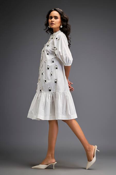 Shop Deepika Arora White Cotton Mandarin Collar Gunmetal Disk Embellished Dress Online at Aza Fashions Shop_Deepika Arora_White Cotton Mandarin Collar Gunmetal Disk Embellished Dress _Online_at_Aza_Fashions