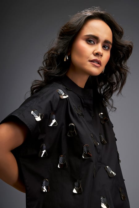 Deepika Arora_Black Cotton Gota Patti Mandarin Gunmetal Disk Embellished Shirt And Pant Set _Online_at_Aza_Fashions