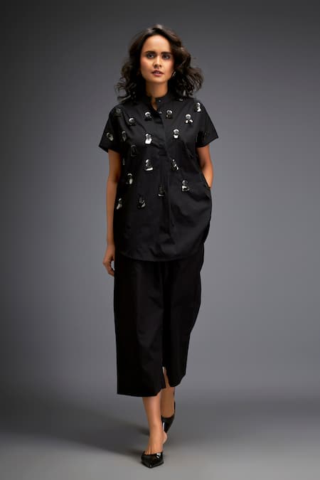 Buy_Deepika Arora_Black Cotton Gota Patti Mandarin Gunmetal Disk Embellished Shirt And Pant Set _Online_at_Aza_Fashions