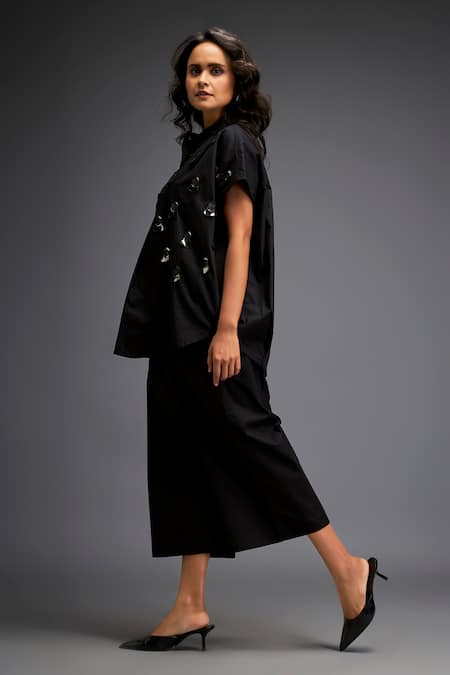 Shop_Deepika Arora_Black Cotton Gota Patti Mandarin Gunmetal Disk Embellished Shirt And Pant Set _Online_at_Aza_Fashions
