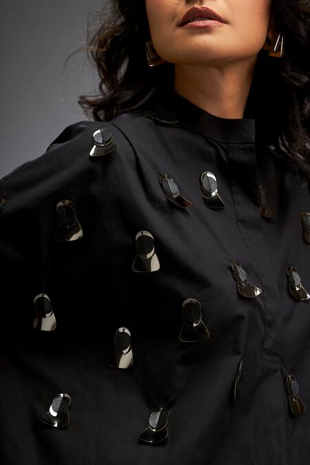Deepika Arora_Black Cotton Gota Patti Mandarin Gunmetal Disk Embellished Shirt And Pant Set _at_Aza_Fashions