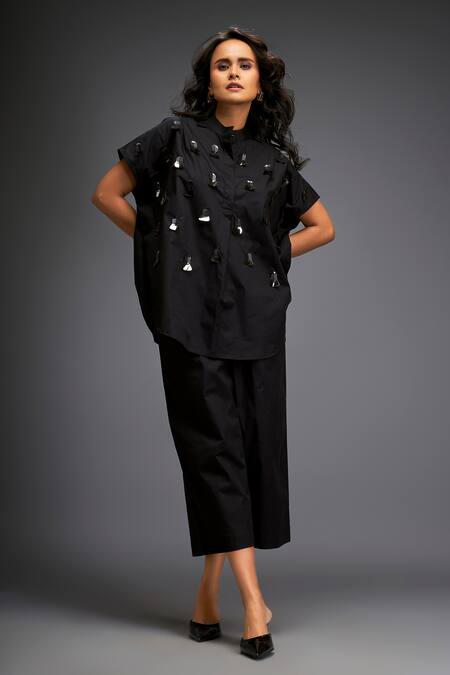 Buy_Deepika Arora_Black Cotton Gota Patti Mandarin Gunmetal Disk Embellished Shirt And Pant Set 