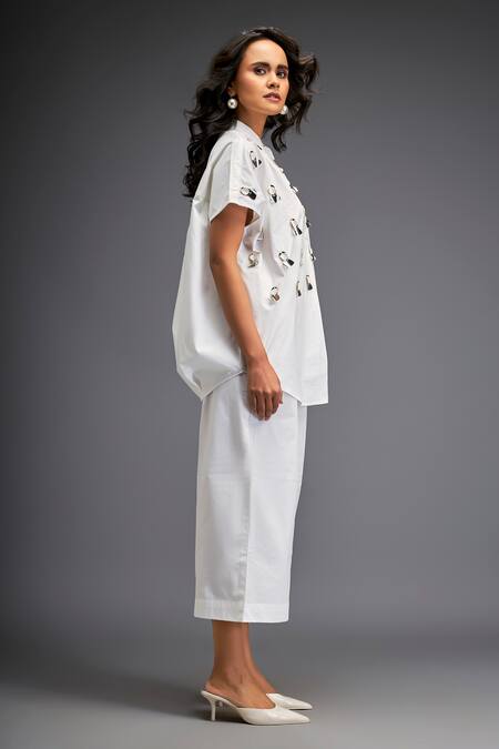Deepika Arora_White Cotton Gota Patti Mandarin Gunmetal Disk Embellished Shirt And Pant Set _Online_at_Aza_Fashions