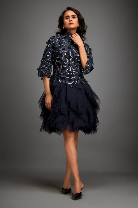Buy_Deepika Arora_Blue Vegan Leather 3d Bloom Applique High Neck Embellished Ruffled Dress _Online_at_Aza_Fashions