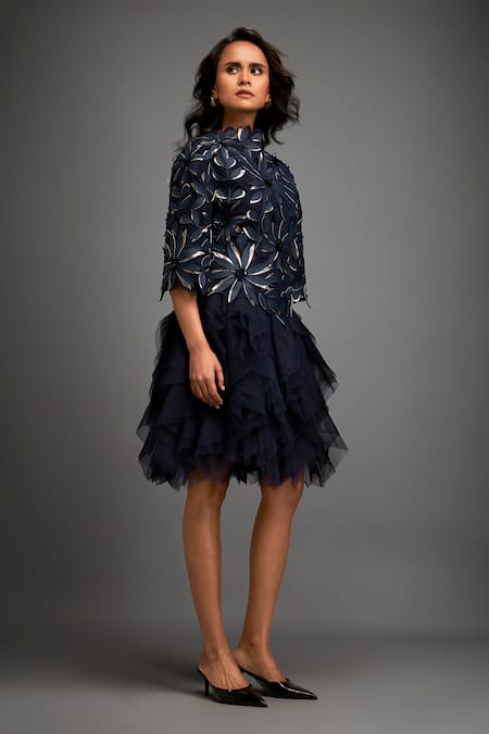 Shop_Deepika Arora_Blue Vegan Leather 3d Bloom Applique High Neck Embellished Ruffled Dress _Online_at_Aza_Fashions