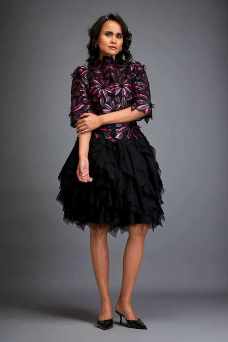 Buy_Deepika Arora_Black Velvet Applique High Neck 3d Blossom Ruffled Dress _Online_at_Aza_Fashions