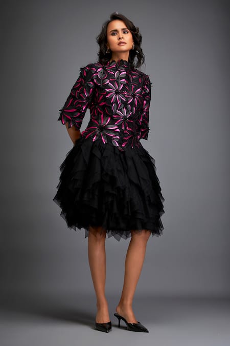 Shop_Deepika Arora_Black Velvet Applique High Neck 3d Blossom Ruffled Dress _Online_at_Aza_Fashions