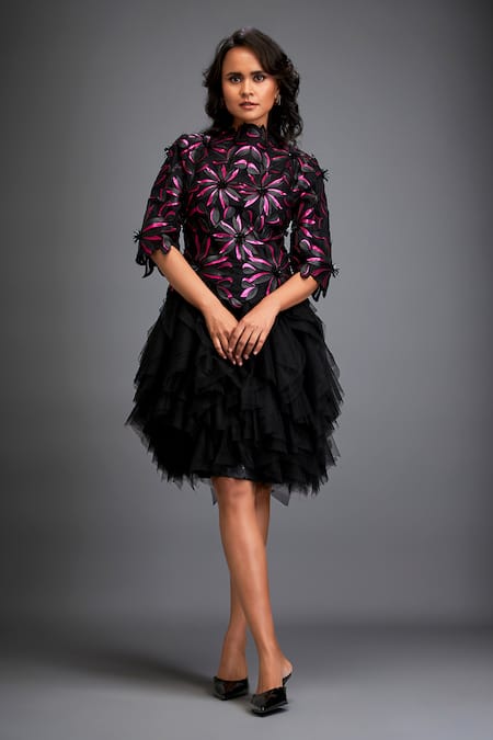 Deepika Arora_Black Velvet Applique High Neck 3d Blossom Ruffled Dress _at_Aza_Fashions
