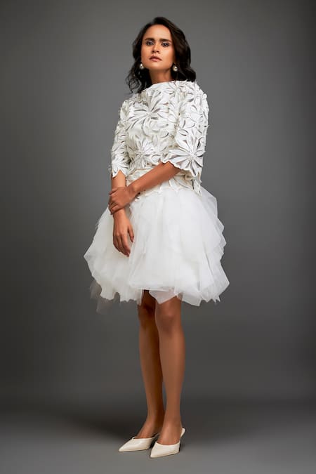 Buy_Deepika Arora_White Vegan Leather 3d Floral Applique High Neck Embellished Ruffled Dress _Online_at_Aza_Fashions