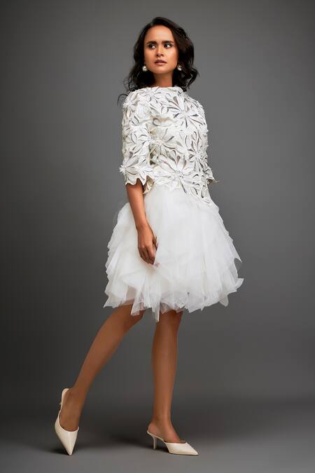 Shop_Deepika Arora_White Vegan Leather 3d Floral Applique High Neck Embellished Ruffled Dress _Online_at_Aza_Fashions