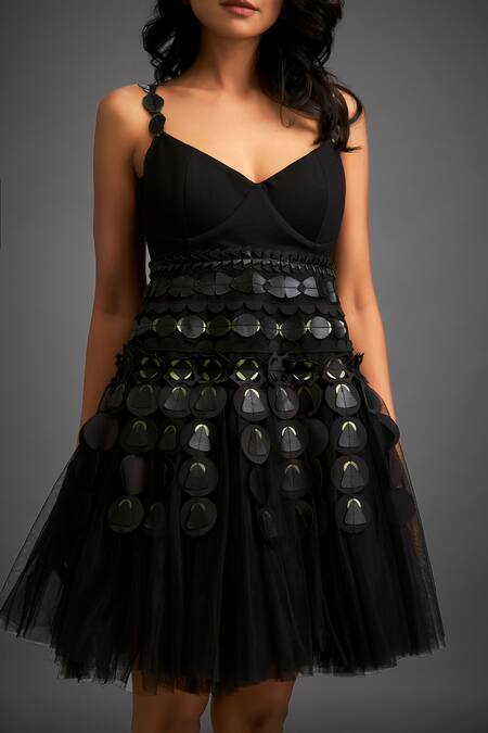 Deepika Arora_Black Net Sweetheart Neck 3d Geometric Applique Tulle Dress_Online_at_Aza_Fashions