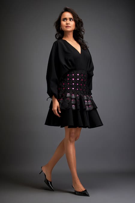 Buy Deepika Arora Black Rozella Crepe 3d Geometric V Applique Voluminous Sleeves Layered Dress Online at Aza Fashions Buy_Deepika Arora_Black Rozella Crepe 3d Geometric V Applique Voluminous Sleeves Layered Dress _Online_at_Aza_Fashions
