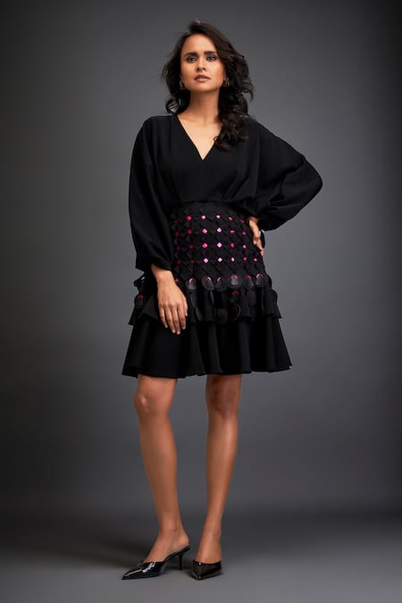 Shop Deepika Arora Black Rozella Crepe 3d Geometric V Applique Voluminous Sleeves Layered Dress Online at Aza Fashions Shop_Deepika Arora_Black Rozella Crepe 3d Geometric V Applique Voluminous Sleeves Layered Dress _Online_at_Aza_Fashions