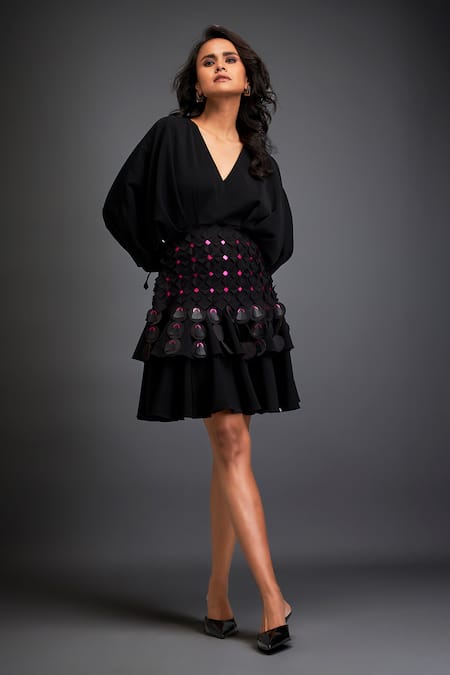 Deepika Arora Black Rozella Crepe 3d Geometric V Applique Voluminous Sleeves Layered Dress at Aza Fashions Deepika Arora_Black Rozella Crepe 3d Geometric V Applique Voluminous Sleeves Layered Dress _at_Aza_Fashions