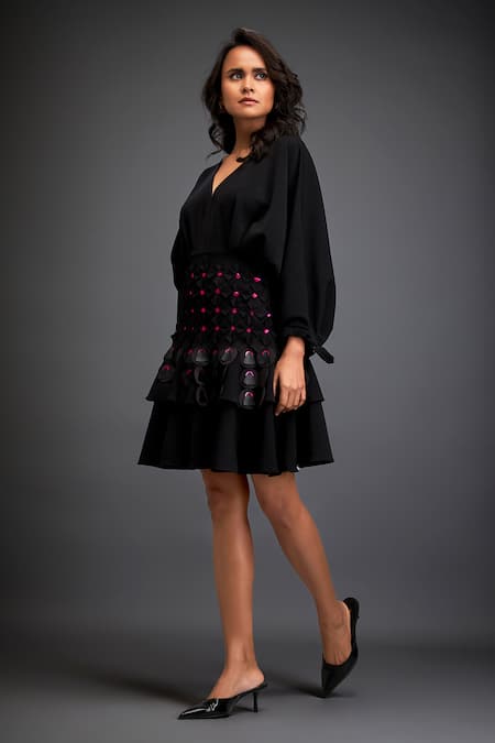 Buy Deepika Arora Black Rozella Crepe 3d Geometric V Applique Voluminous Sleeves Layered Dress Buy_Deepika Arora_Black Rozella Crepe 3d Geometric V Applique Voluminous Sleeves Layered Dress