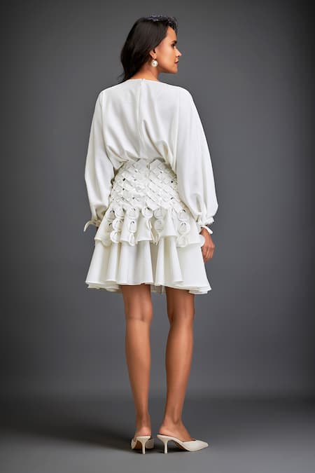 Shop Deepika Arora White Crepe V-neck 3d Geometric Applique Layered Dress at Aza Fashions Shop_Deepika Arora_White Crepe V-neck 3d Geometric Applique Layered Dress _at_Aza_Fashions