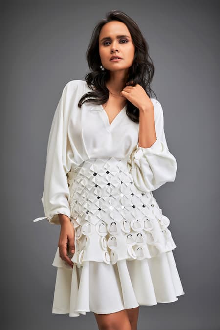 Deepika Arora White Crepe V-neck 3d Geometric Applique Layered Dress Online at Aza Fashions Deepika Arora_White Crepe V-neck 3d Geometric Applique Layered Dress _Online_at_Aza_Fashions