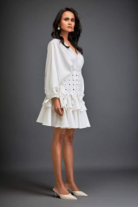 Shop Deepika Arora White Crepe V-neck 3d Geometric Applique Layered Dress Online at Aza Fashions Shop_Deepika Arora_White Crepe V-neck 3d Geometric Applique Layered Dress _Online_at_Aza_Fashions